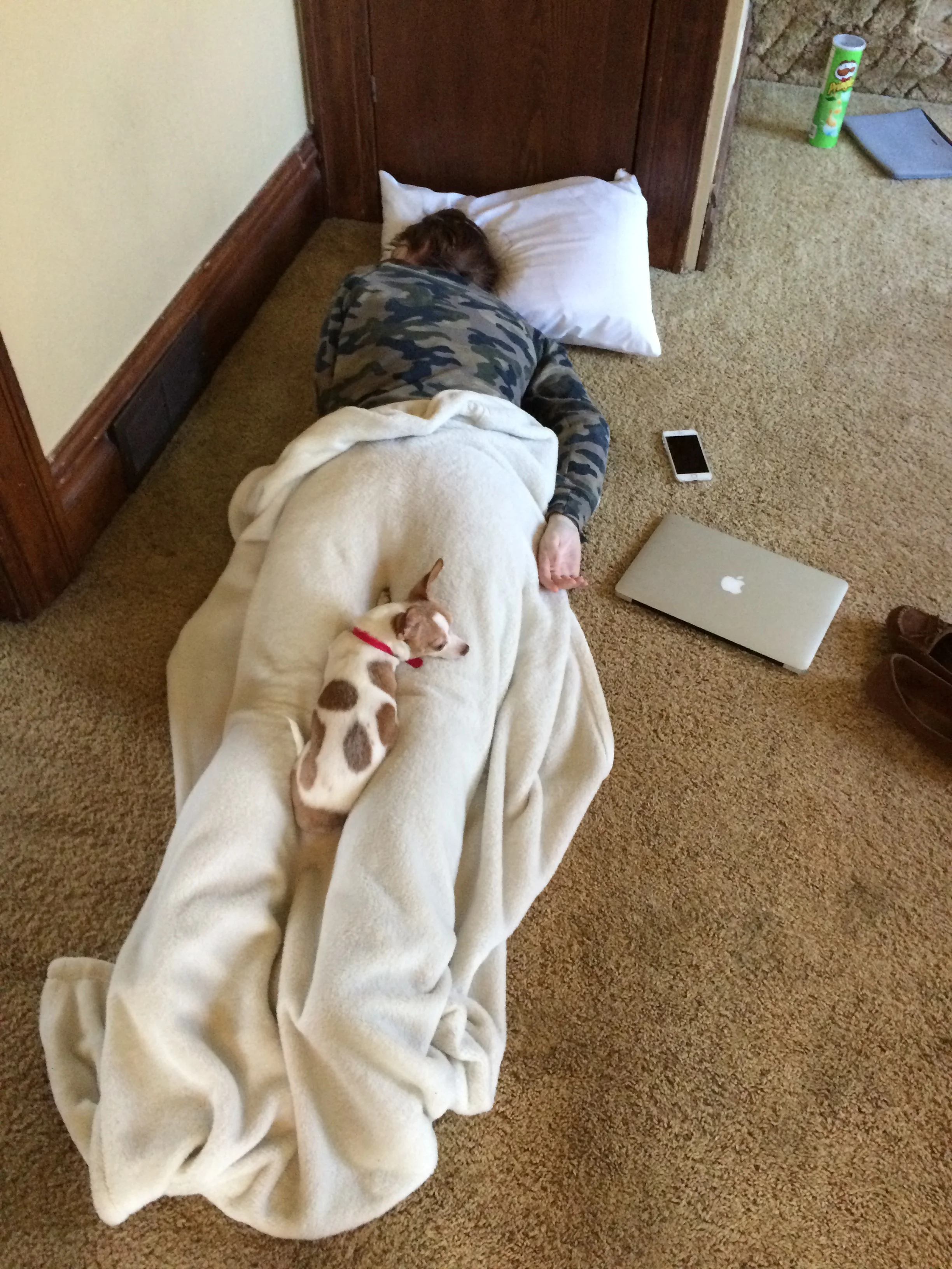 Passed out after staying up all night packing.