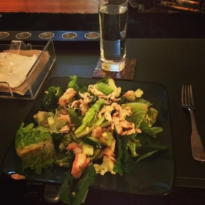 One of my favorite meals that we made; salmon salad with romaine, spinach, corn, sauteed veggies and avocado. We even made our own dressing!