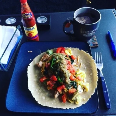 Our breakfast burrito on brown rice tortilla! It was awesome. This is what we made the first Sunday. I got better at reading labels also! Louisiana Hot Sauce has no sugar added! Only vinegar and peppers!