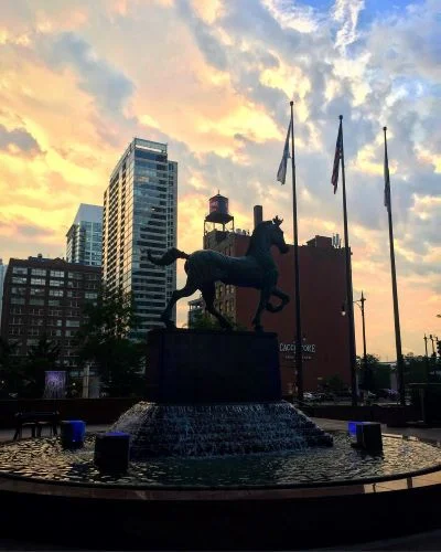 The horse fountain in front of the hotel.