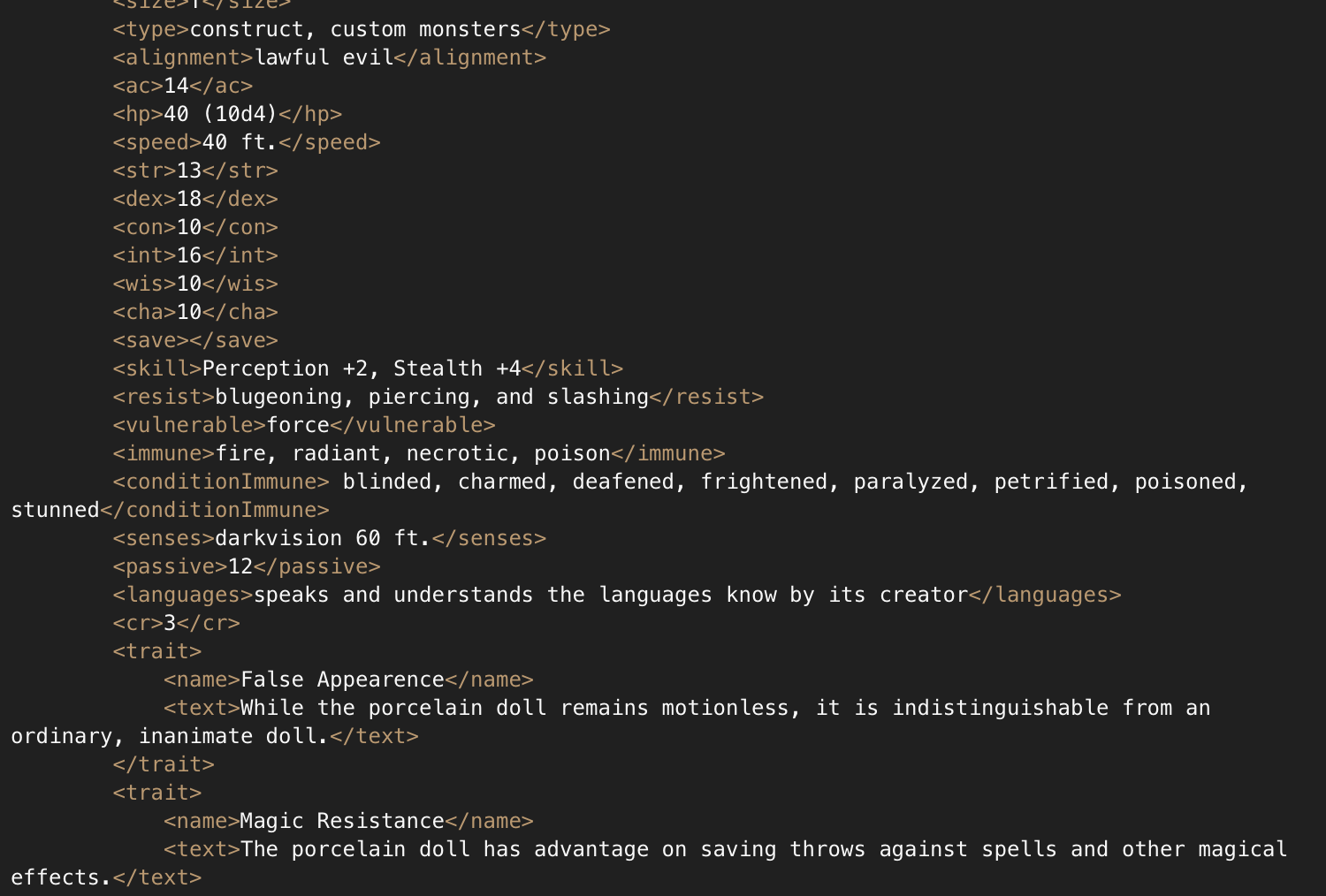 Sample XML for a homebrew creature.