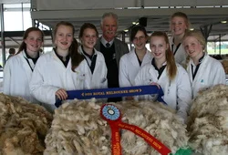 Tintern Young Farmers with their Champion Romney Fleece and Champion British Long Wool Fleece. Royal Melbourne 2013 