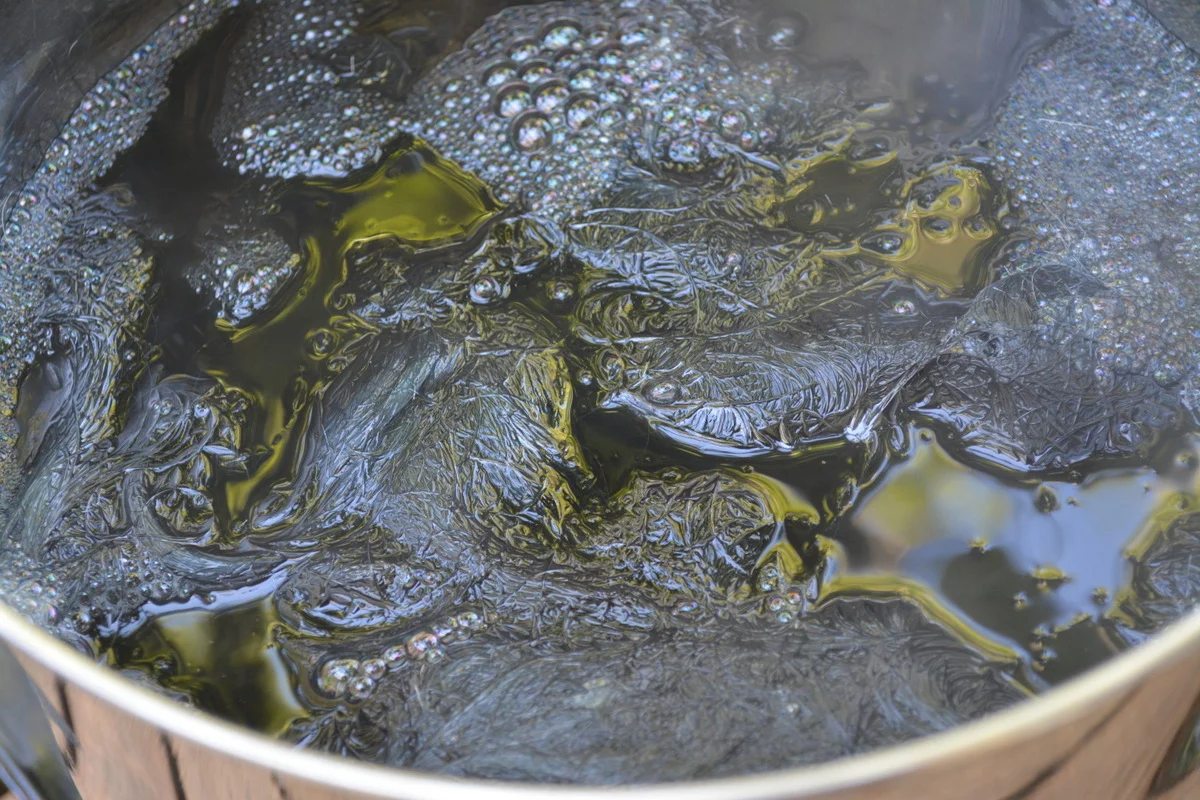 A cram pot dyed Lincoln fleece