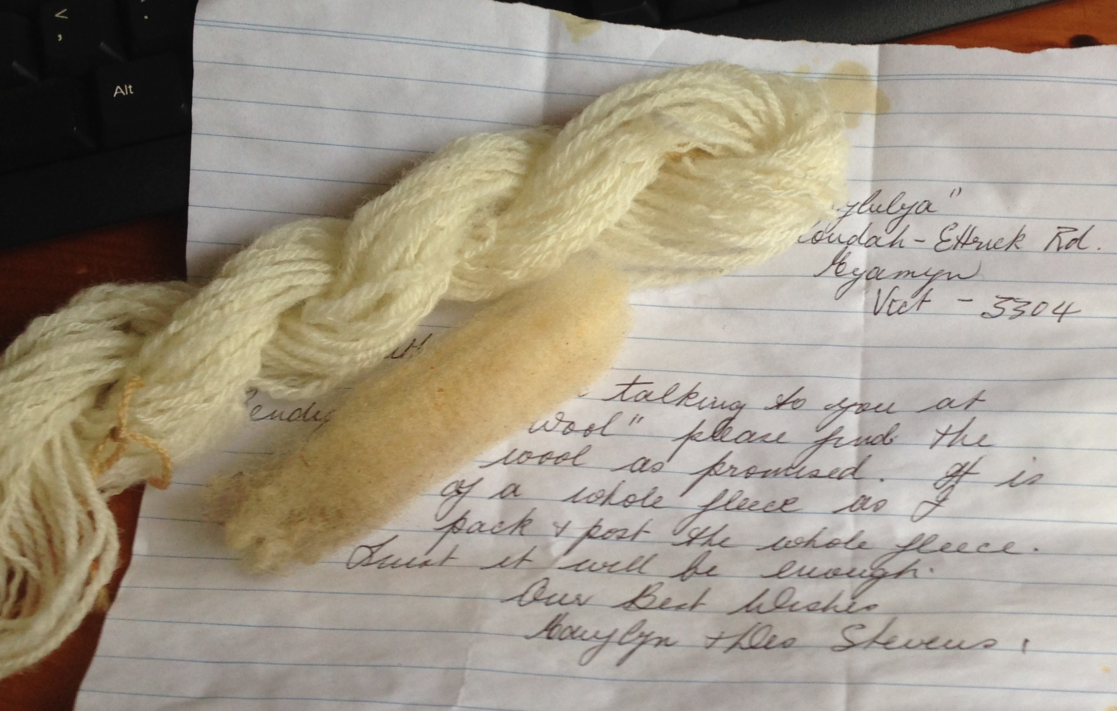 Lovely staple from Hallylulya sheep and a note from Marylyn Stevens.
