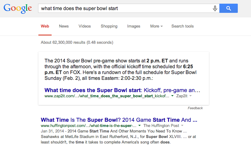 What time does the super bowl start Google search result.