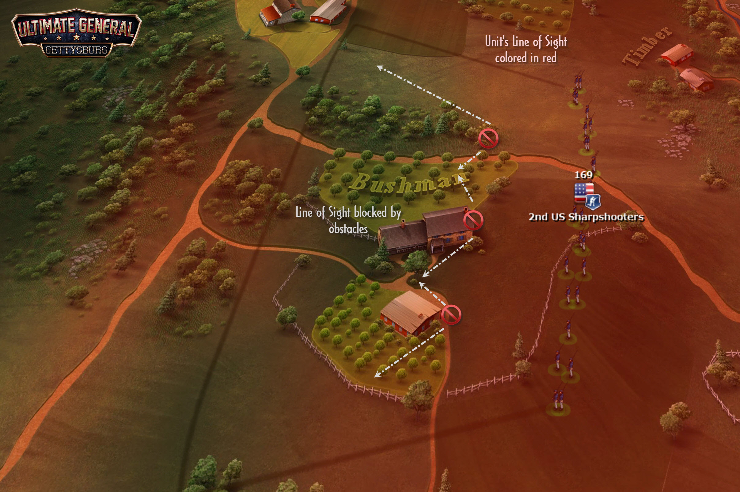 Another example of how LoS works in Ultimate General: Gettysburg. If you want to see the LoS of a selected unit, you just use a keyboard shortcut, long mouse button press or finger gesture, depending on platform and its LoS is displayed in red for a short time, fading out gradually.