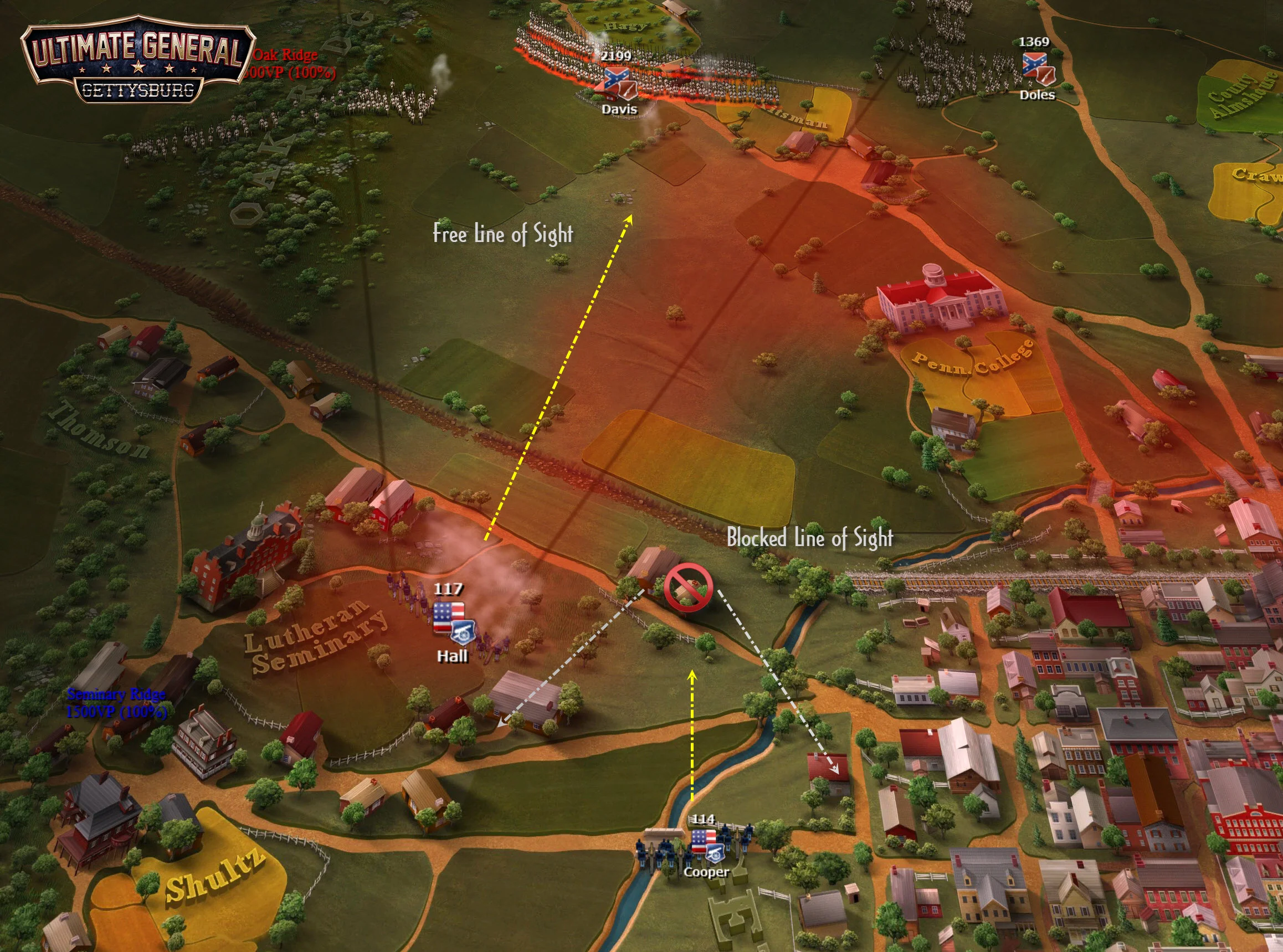 You must place artillery to strategic positions that provide continuous line of fire. In this image, the artillery unit "Hall" is protected by nearby houses from enemy cannon fire while it can shoot directly in front for a decent range.