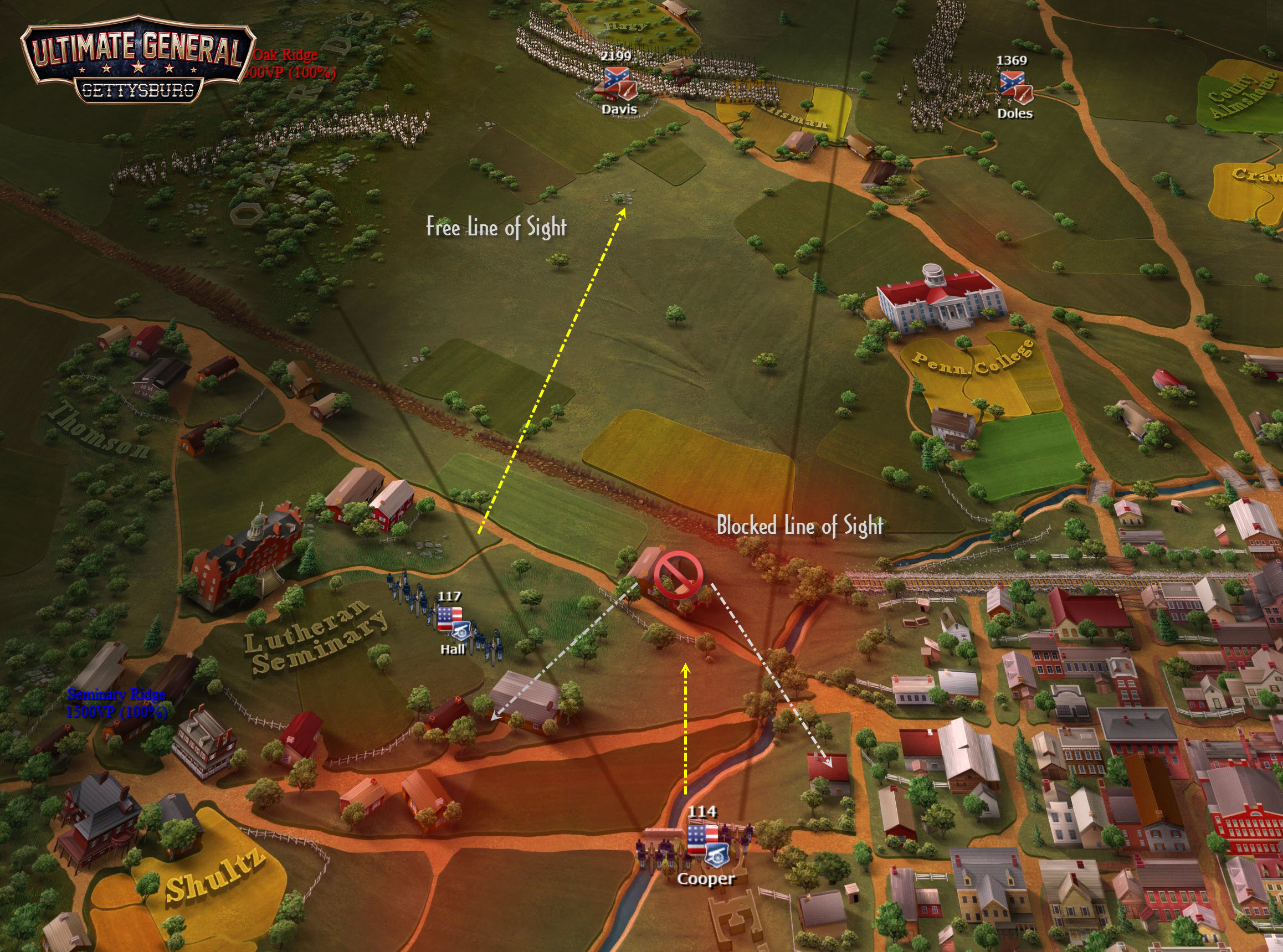 "Cooper" however cannot participate actively in battle because he is located in flat ground and blocked by many trees and houses.