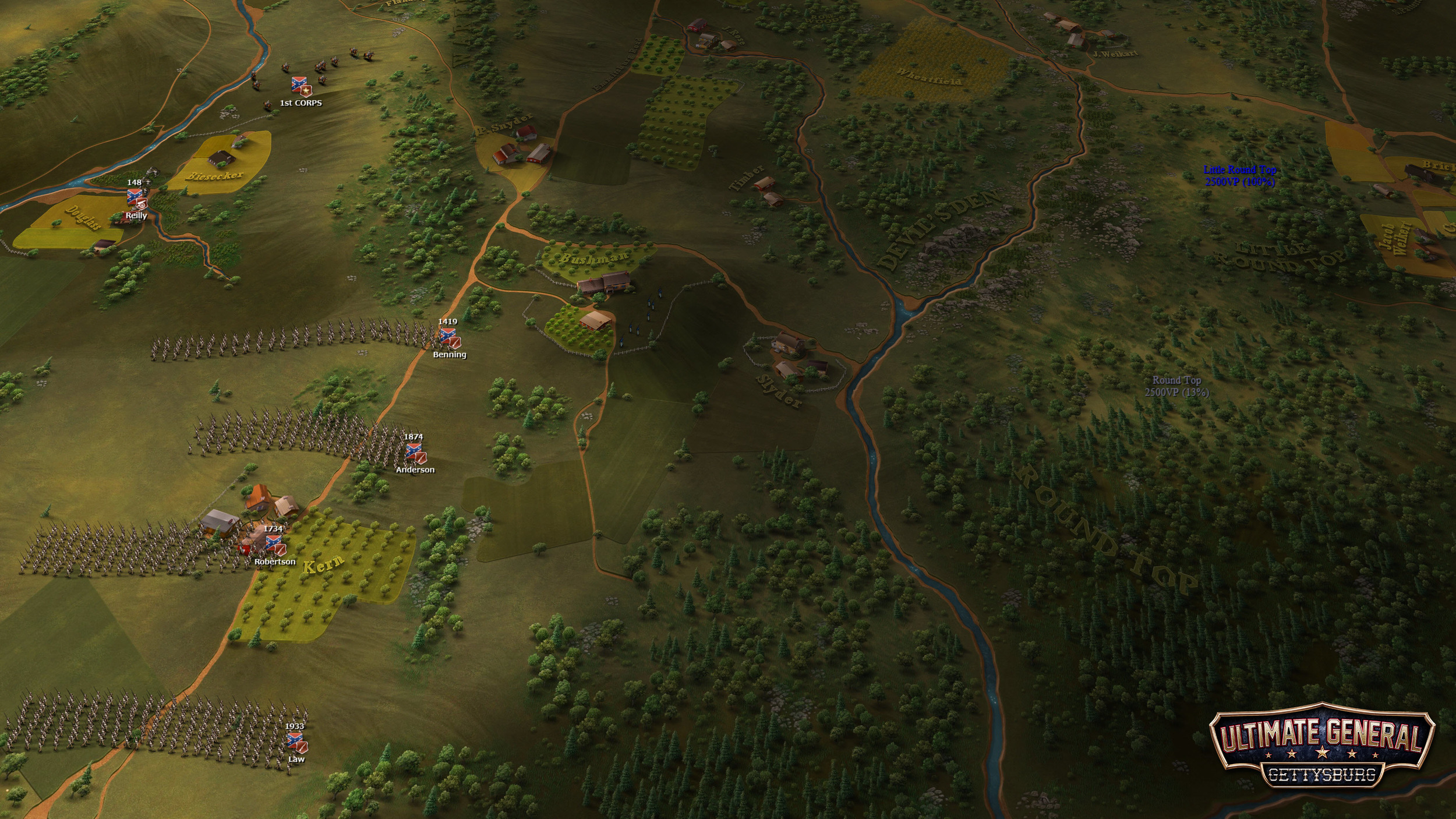 Hood's Division approaching Round Top, not able to see too much ahead because of the high ground and forested areas that obstruct the view.