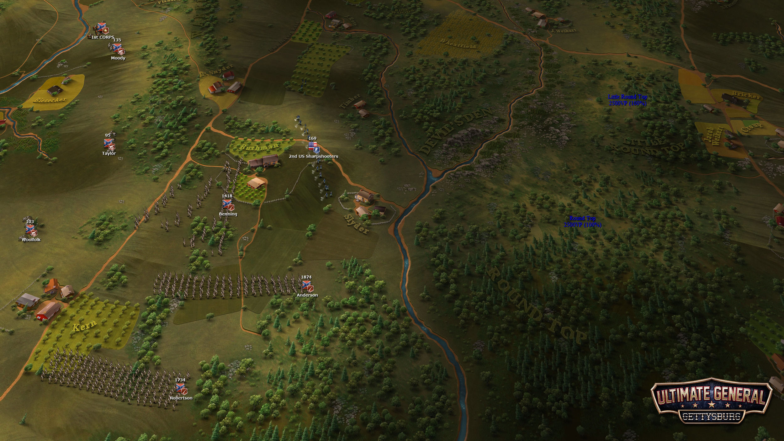 Gradually from the fog of war appear AI Union sharpshooters that attempt to delay the advance of Hood's division. The battle of Devil's Den has just begun!