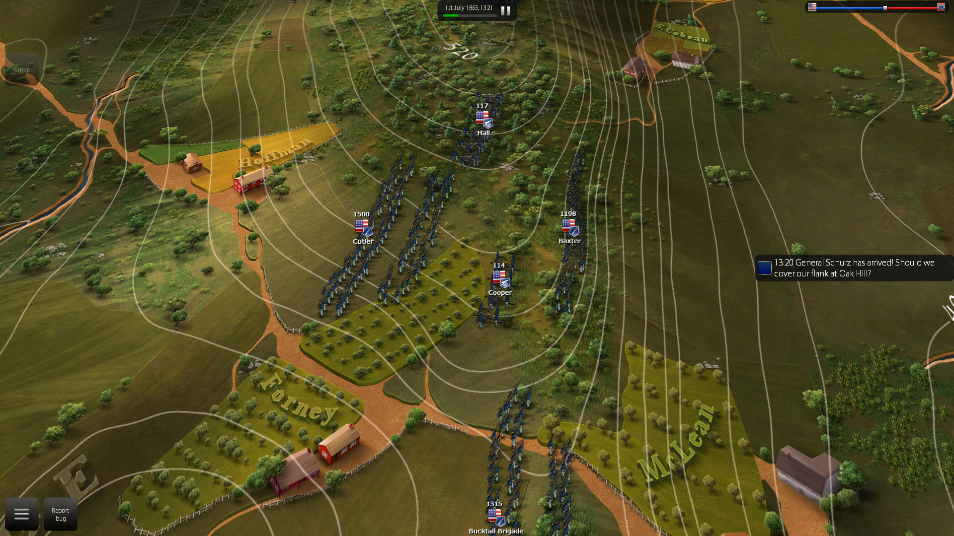 In these two images you see how unit formations shape, bend, scale in size according to altitude and ground morphology. We remind that the game is practically 2D but uses innovative techniques to simulate the 3D world.