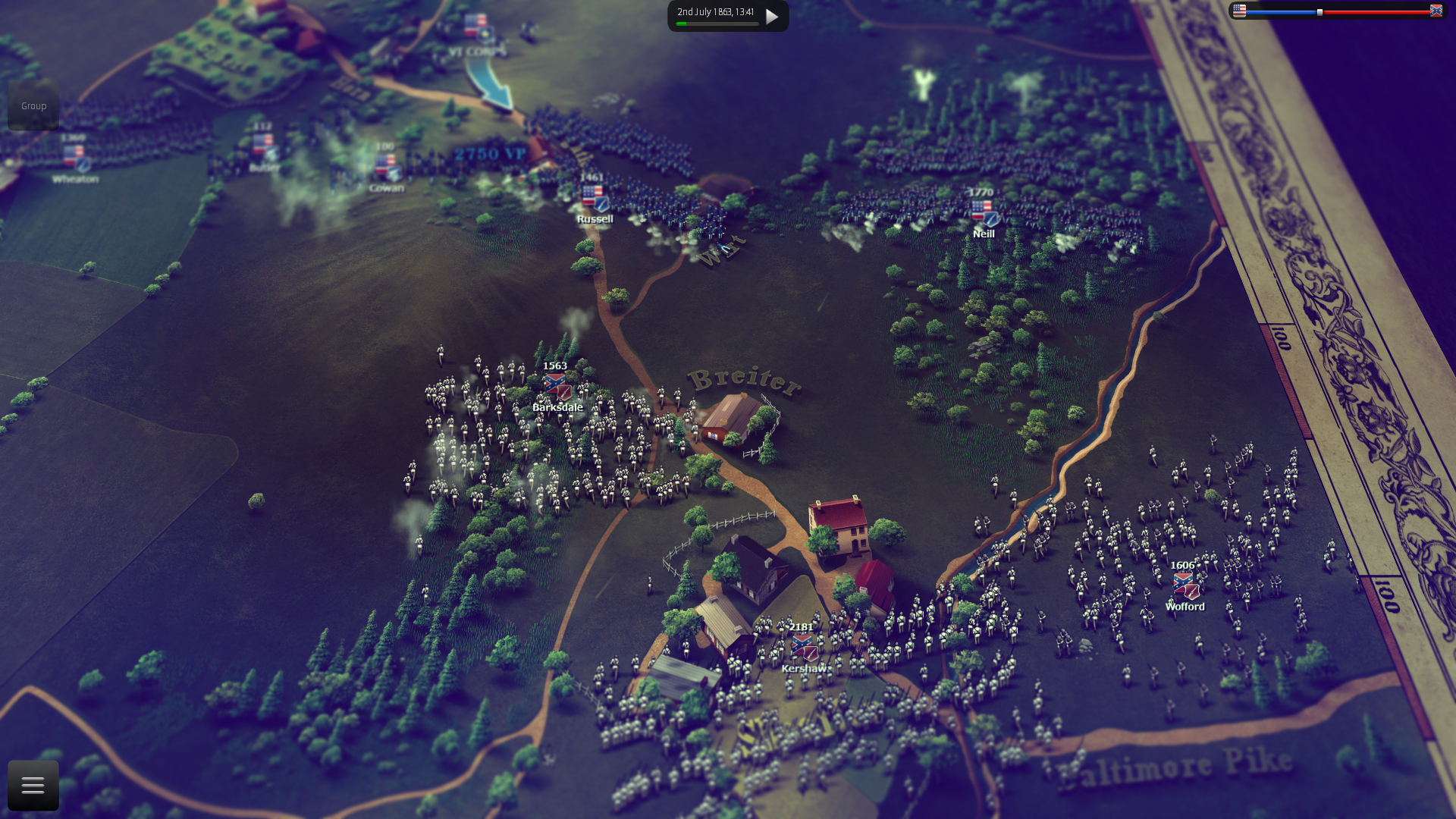 The Union VI Corps defending Baltimore pike heights in the multiplayer scenario " The Round Top hills attacked from the south"