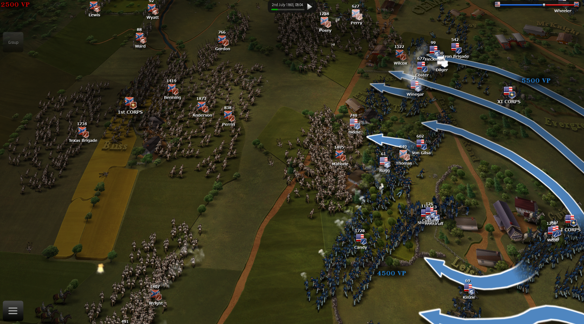 Risky CSA AI general decides to quickly charge with all his infantry the union center, early in the morning of 2nd july, before the player's reinforcements arrive