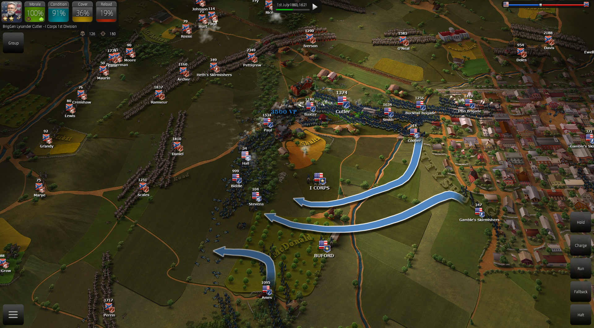 CONFEDERATE "Cautious" AI PERSONALITY SURROUNDING THE PLAYER, MAKING ARTILLERY LINES AND PROBING FOR FORMATION WEAKNESSES TO ATTACK.