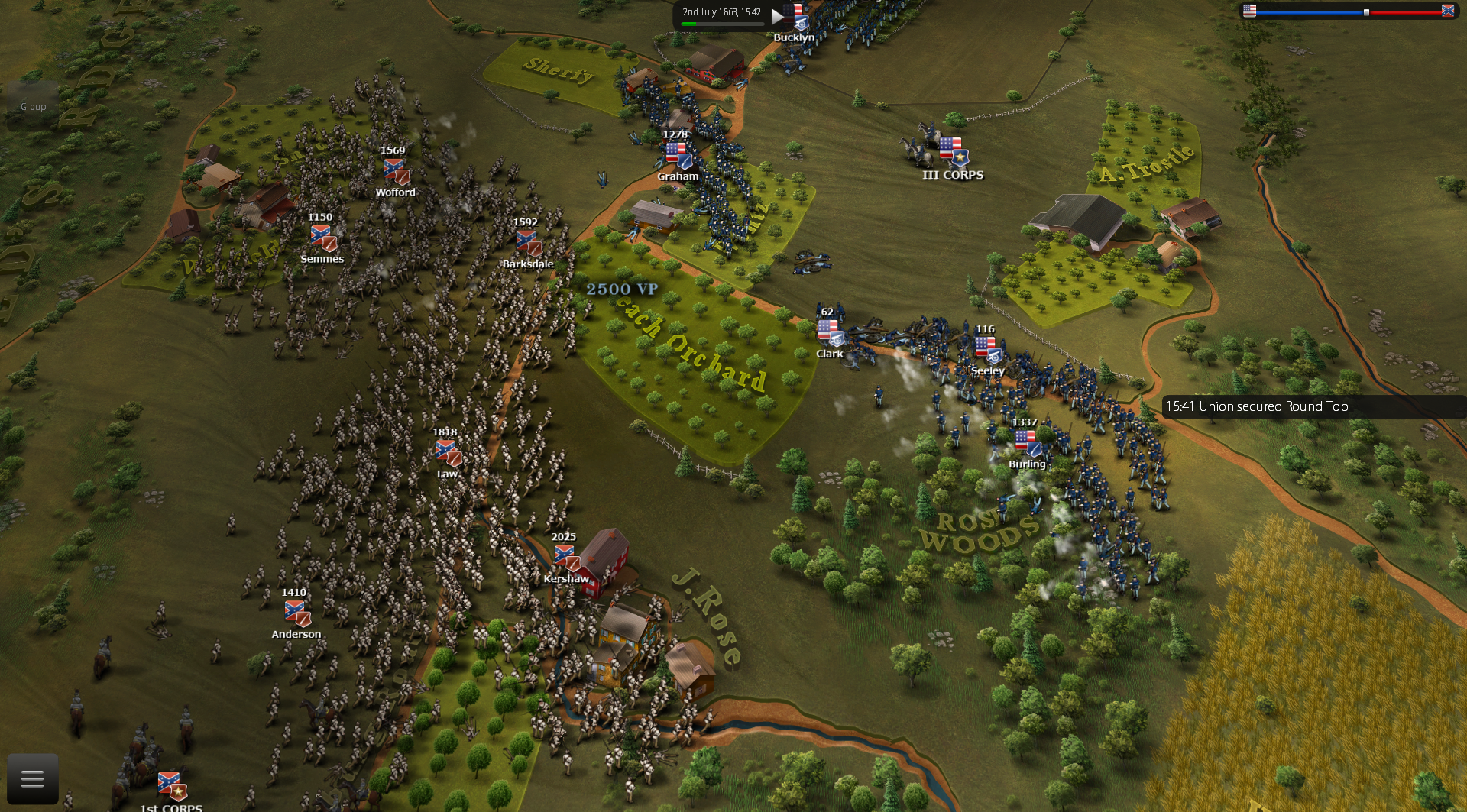 confederate "determined" ai personality rushing to attack peach orchard with many strong brigades while THE UNION is vulnerable...