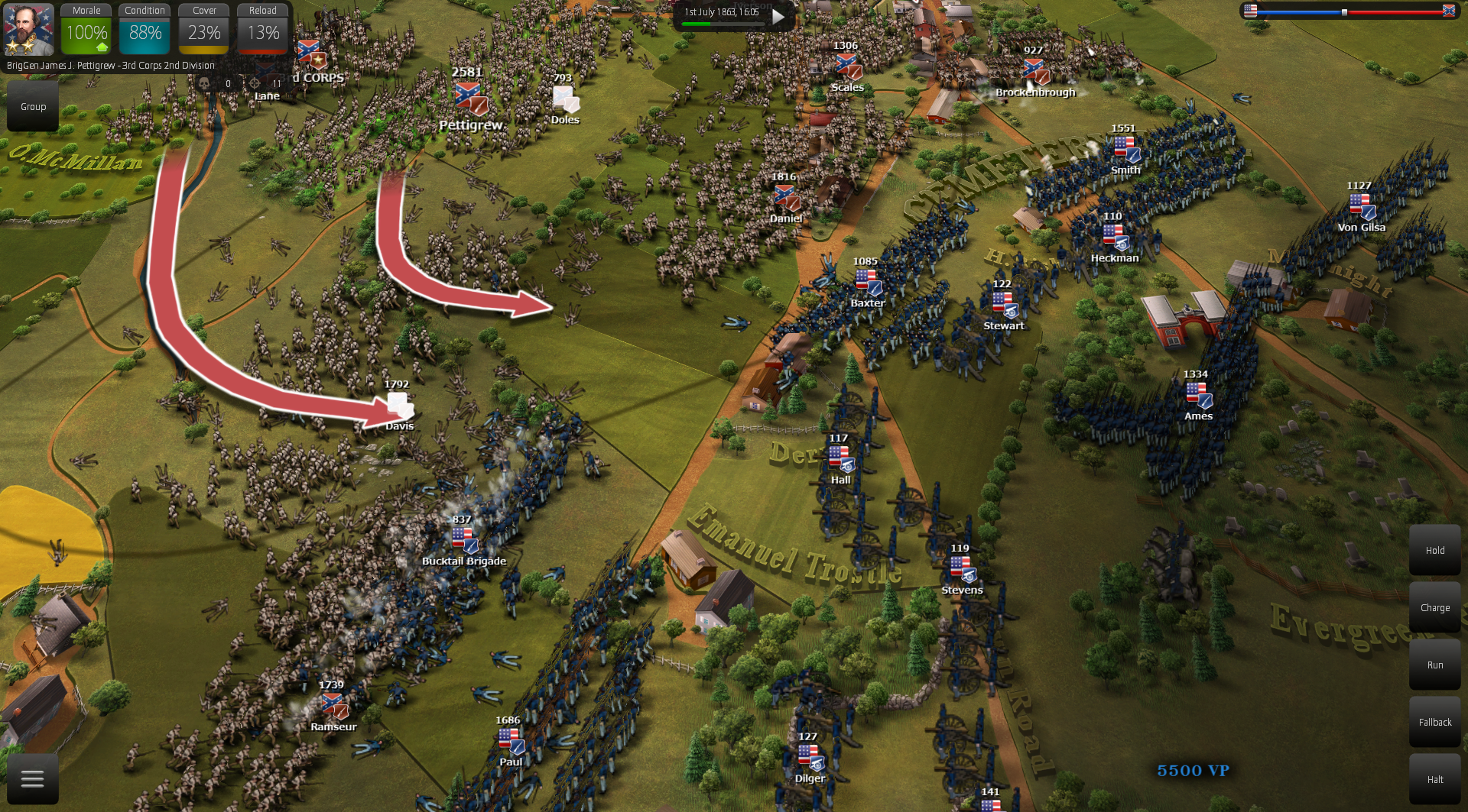 ASSAULTING FORTIFIED POSITIONS SUCH AS CEMETERY HILL is STILL VERY RISKY AND CAN LEAD TO ENORMOUS CASUALTIES, ESPECIALLY IF THE ATTACK IS EXECUTED VS A WELL PREPARED "CUNNING" AI PERSONALITY.