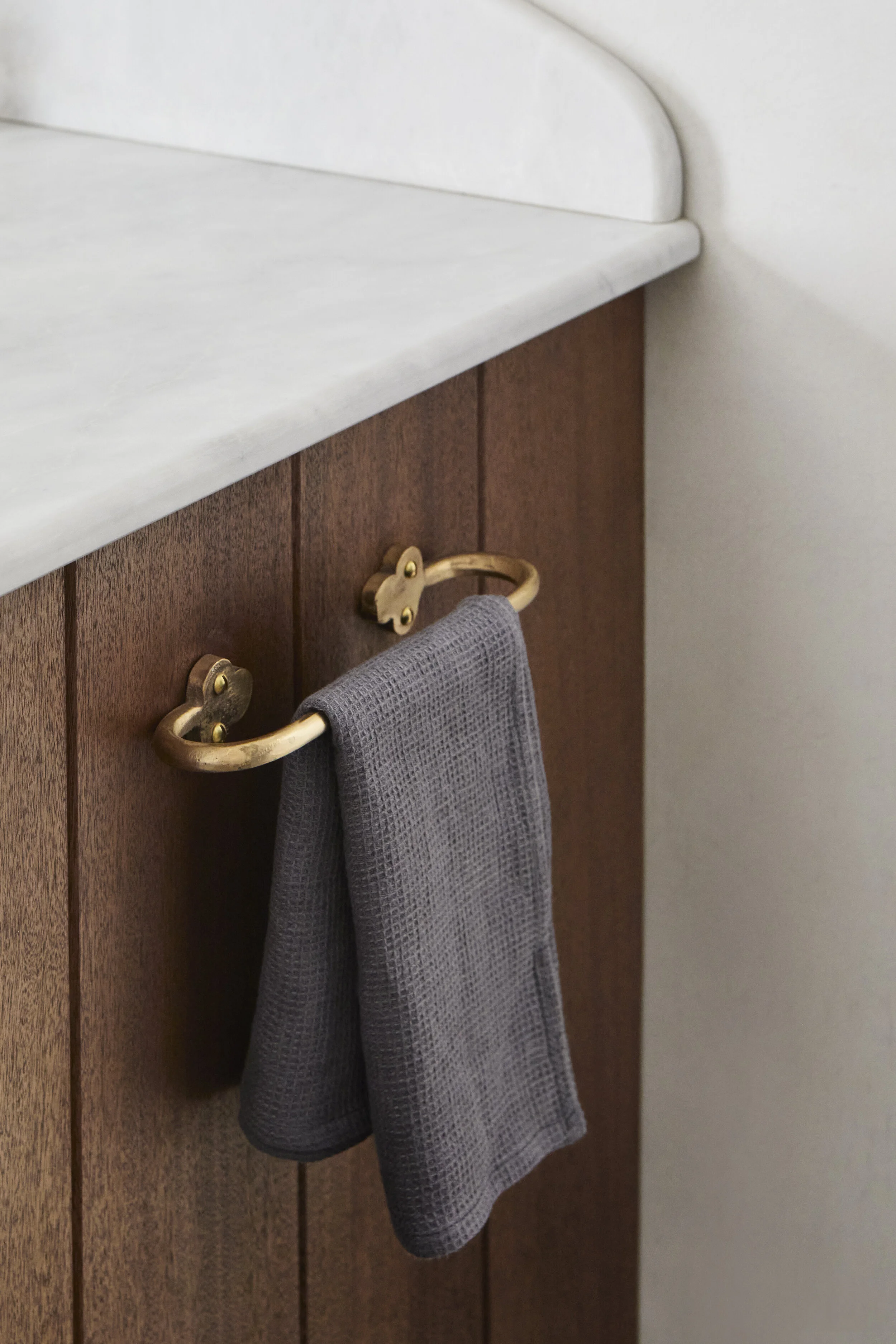 grey waffle linen hand towel in bathroom