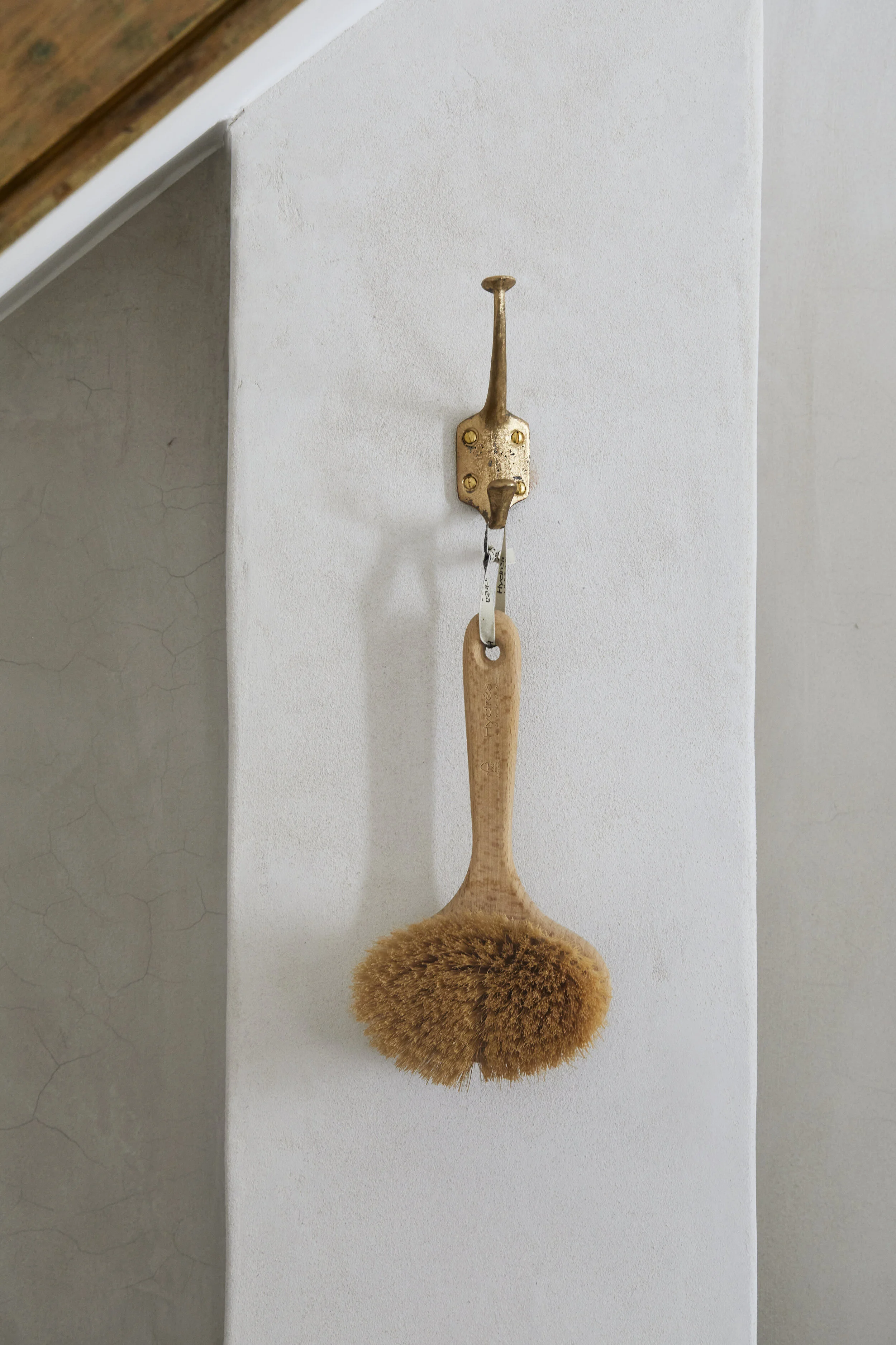 Jamie Coat Hook in cast bronze, fixed to a lime plaster wall. The texture of the sand casting on the hook and the lime plaster surface are clearly visible.