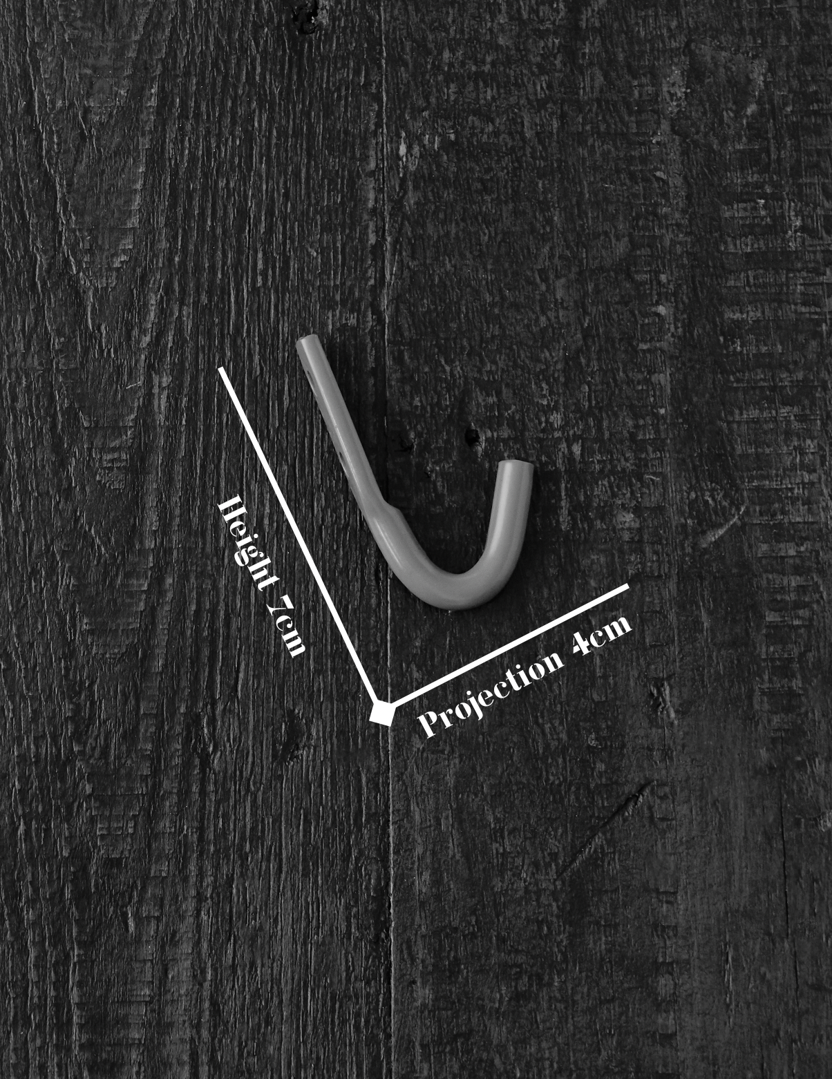 Grey Hook with dimension overlay on timber display board, showing scale and fixing points for reference.