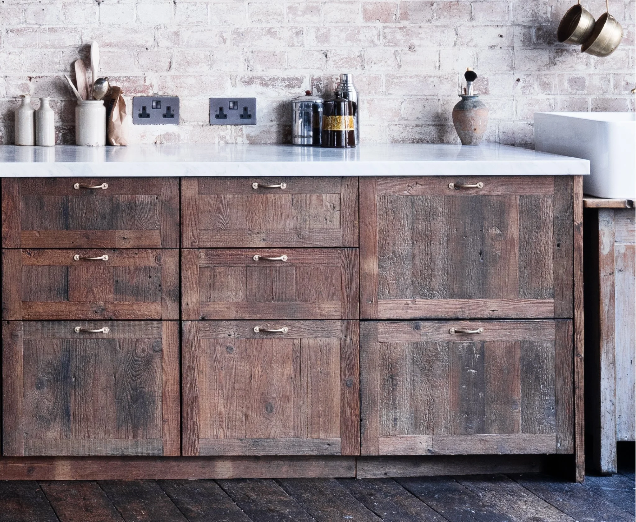 Reclaimed floorboard kitchen cupboards