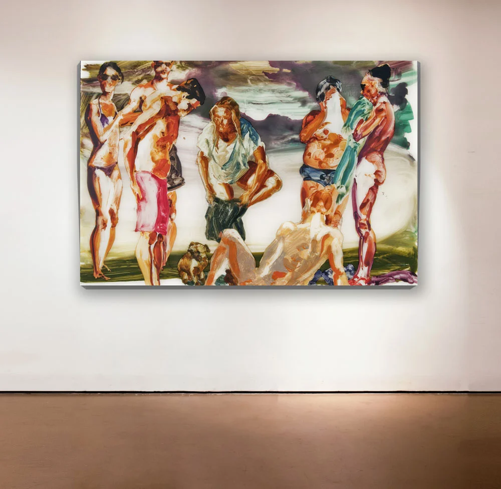 Untitled , 2013 Medium: Unique mixed-media composition: hand-painting with digital pigment prints on acetate in poured resin Dimensions: 40 x 60 inches Pencil signed, verso