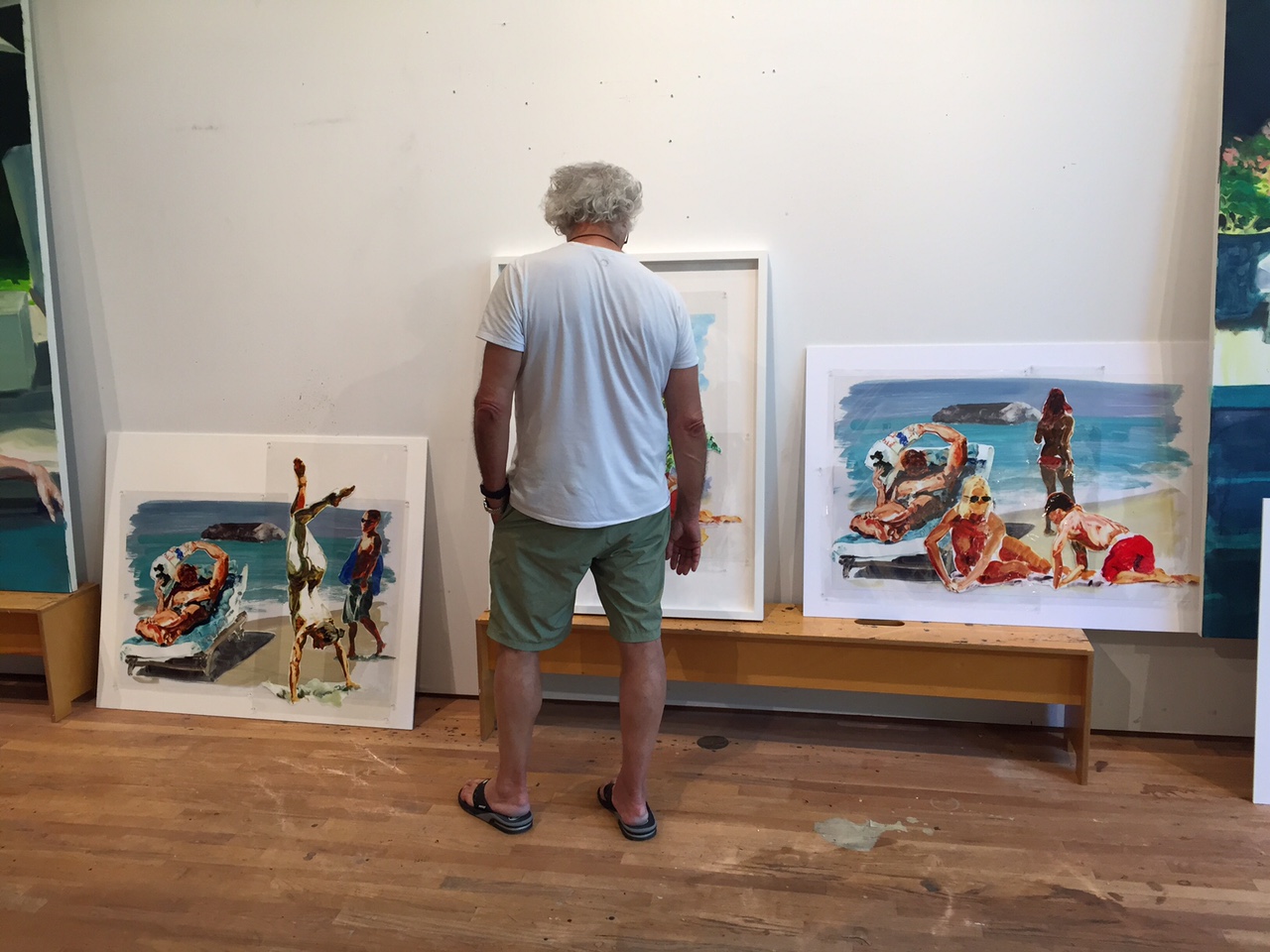 Eric Fischl working on new mylar compositions. Long Island Studio, 2017