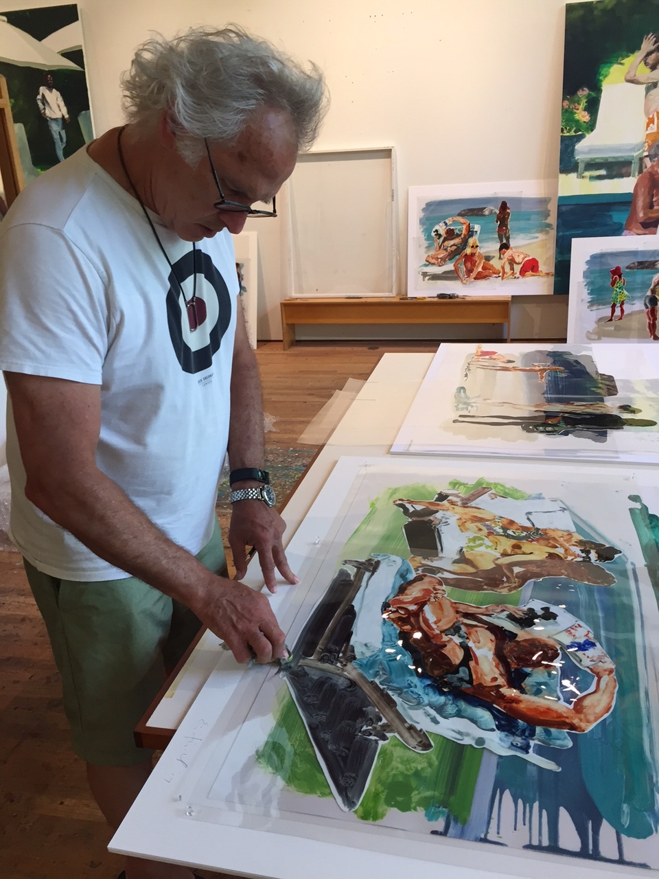 Eric Fischl working on new mylar compositions. Long Island Studio, 2017