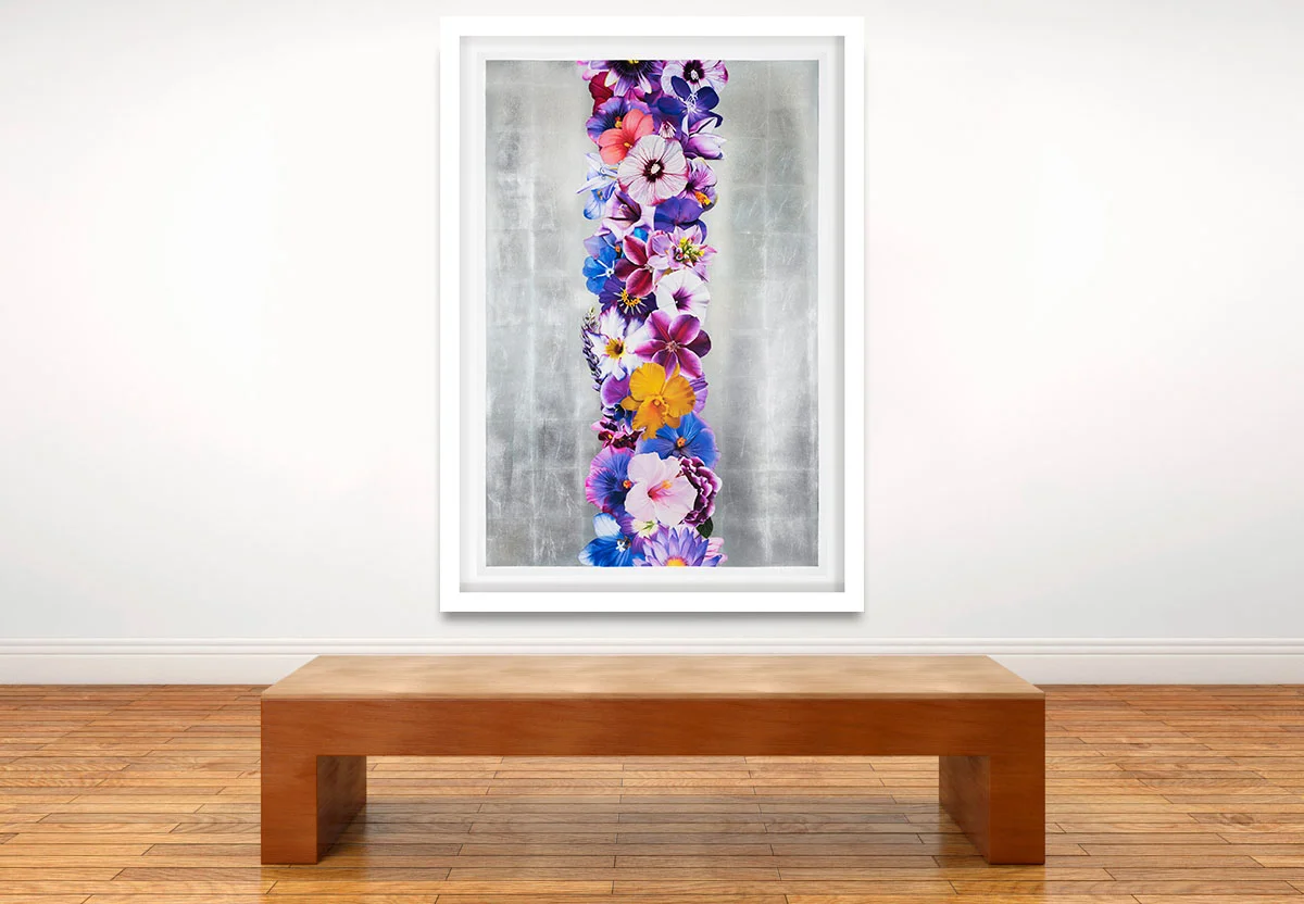 Decadence Upon Decadence (Silver) Unique, precision-cut pigment prints, silkscreen, satin seal, and collage over hand-leafed imported Italian aluminum. Each work is hand-embellished with unique collaged flora, mounted to 8-ply Rising Museum Board.