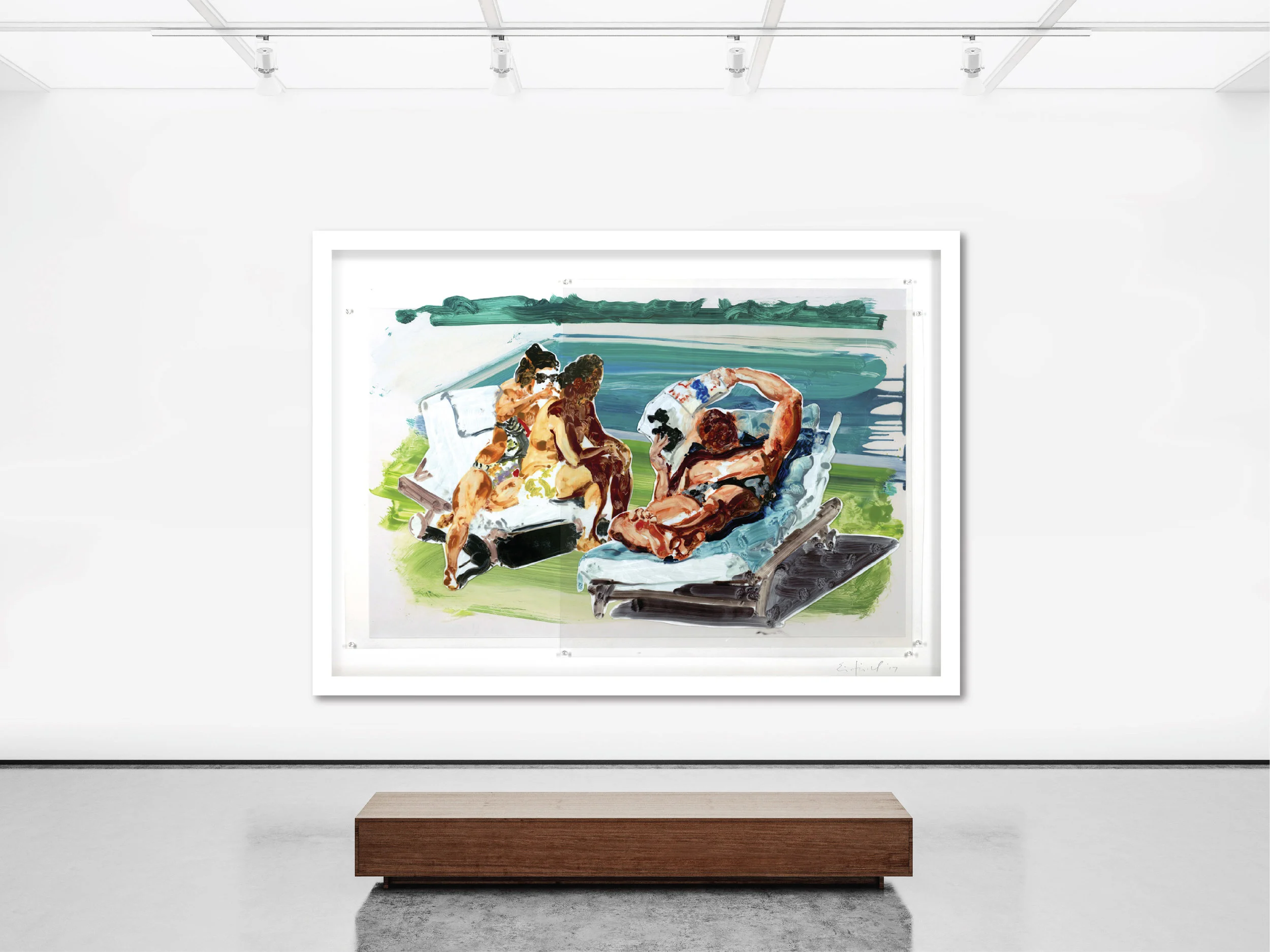 Untitled (Poolside Loungers, large format) , 2018, 65” x 90.5” Sublimation on mylar with pins and digital pigment print on paper, mounted to acid-free board