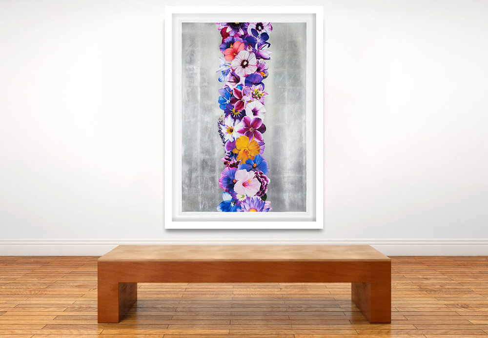 Decadence Upon Decadence (Silver) Unique, precision-cut pigment prints, silkscreen, satin seal, and collage over hand-leafed imported Italian aluminum. Each work is hand-embellished with unique collaged flora, mounted to 8-ply Rising Museum Board.