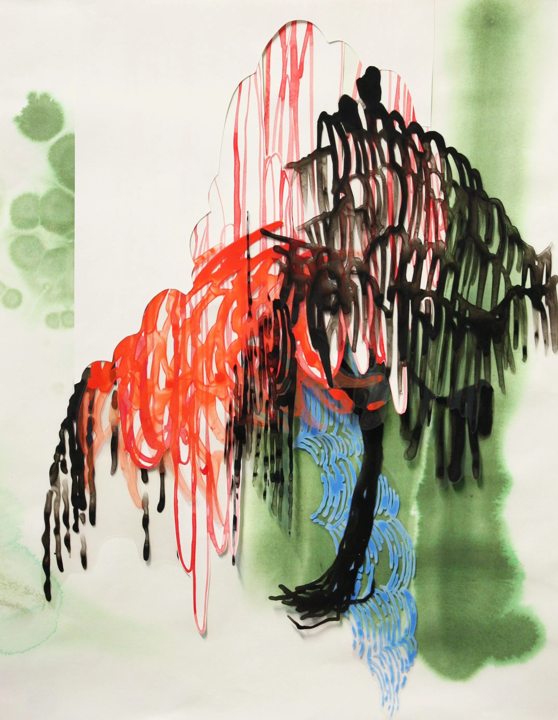 Pouring Tree 2 acrylic on Duralar and paper 21 1/2 x 17 inches 2012