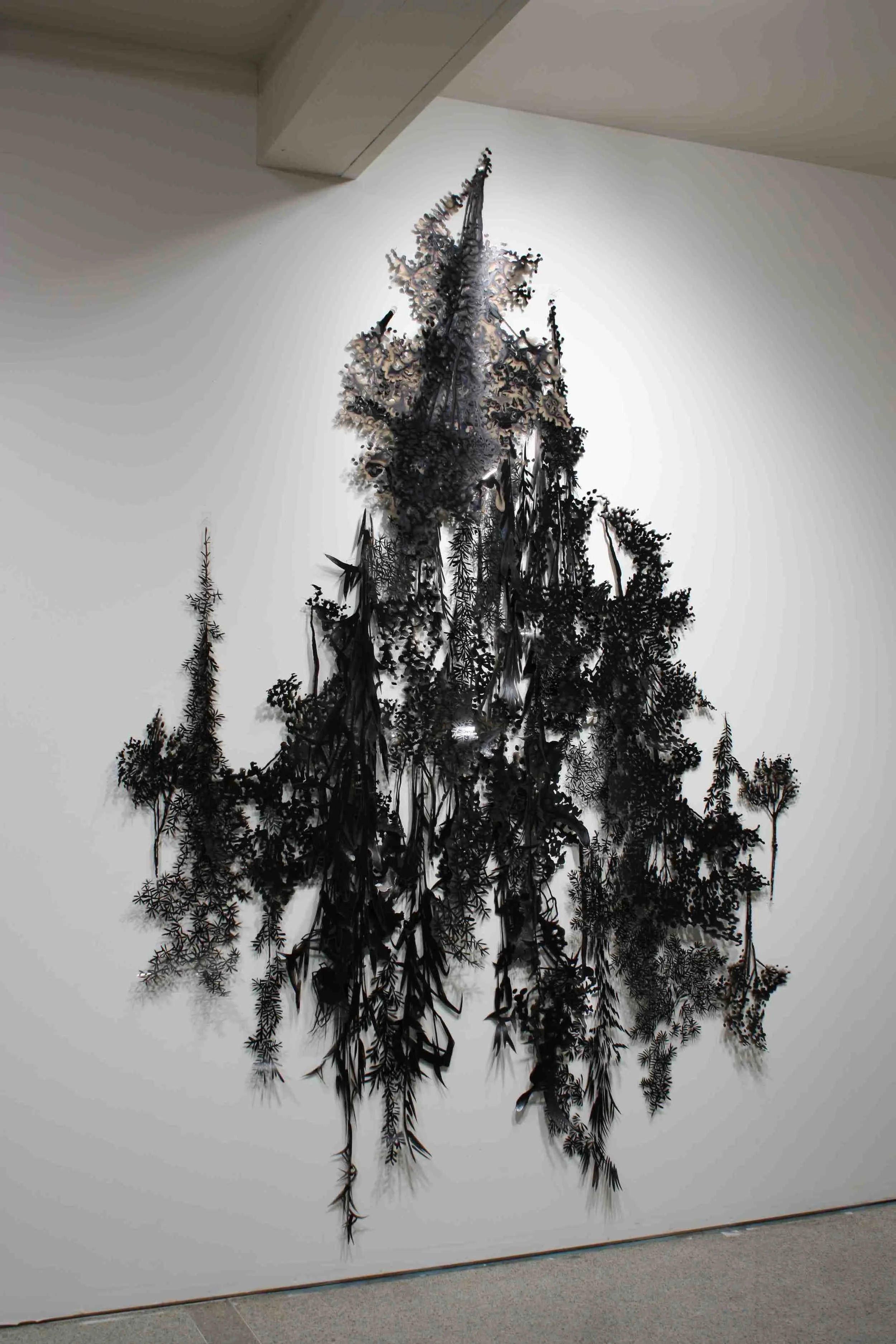 Forest Acrylic paint on Duralar and paper, pins, shadows 120 x 84 x 3 inches 2010