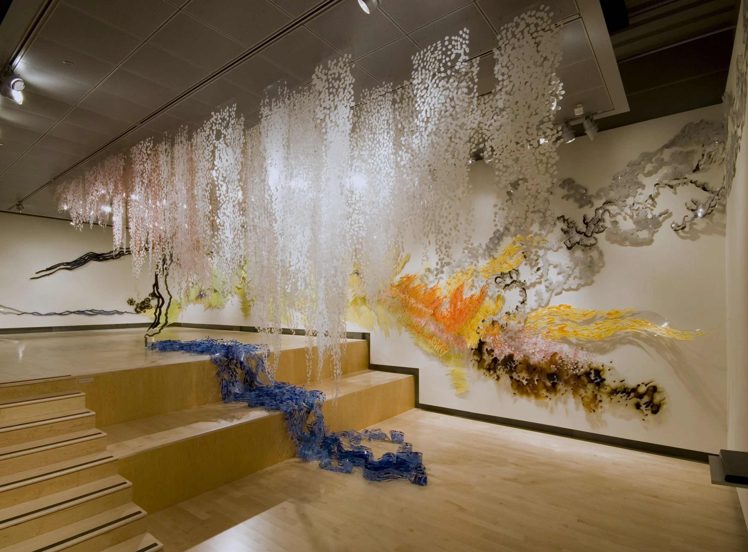 A Season Swirling (unfurling) acrylic on Duralar, pins, shadows, sound 14 x 48 x 22 feet (dimensions variable) 2008 Missoula Art Museum
