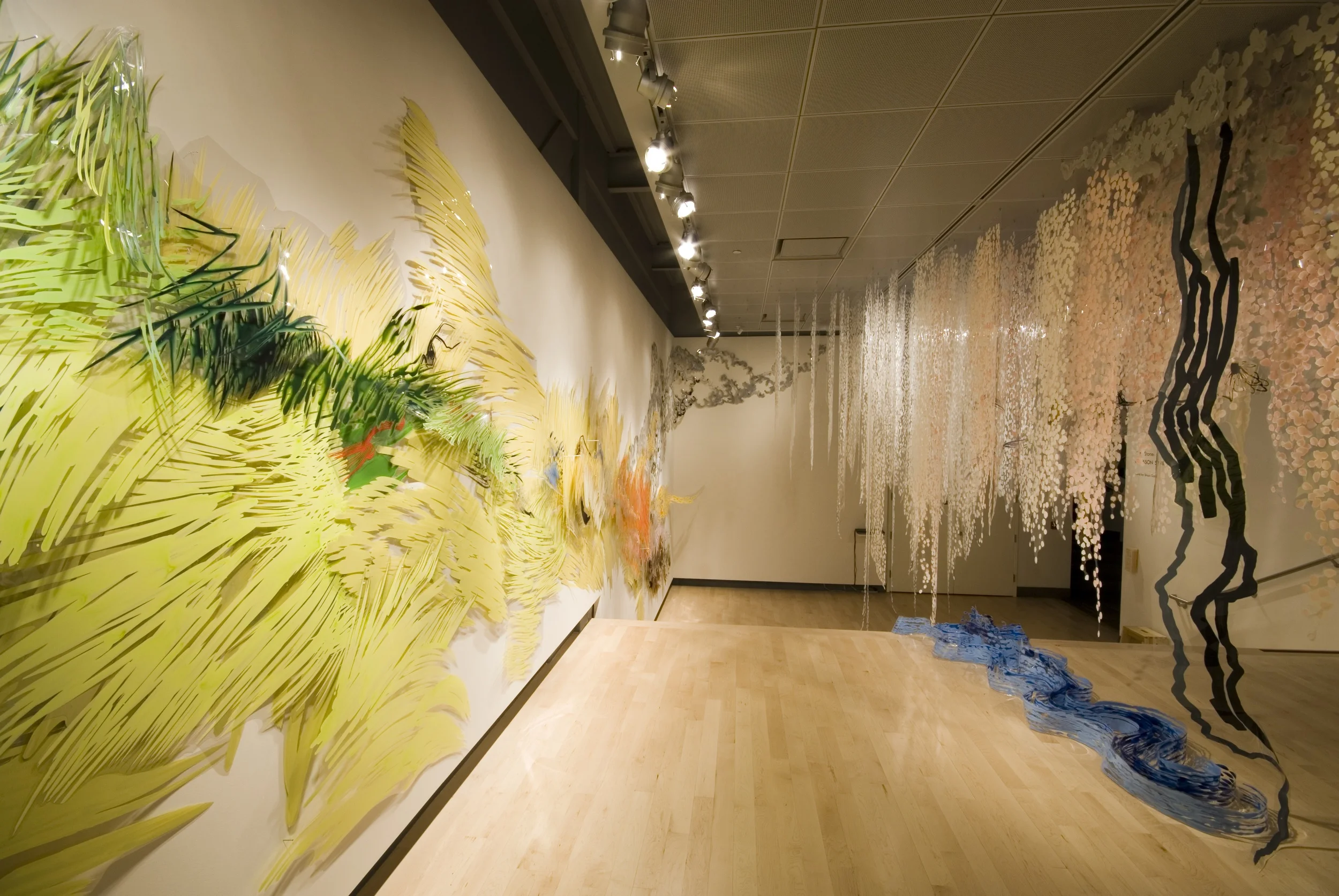 A Season Swirling (unfurling) acrylic on Duralar, pins, shadows, sound 14 x 48 x 22 feet (dimensions variable) 2008 Missoula Art Museum