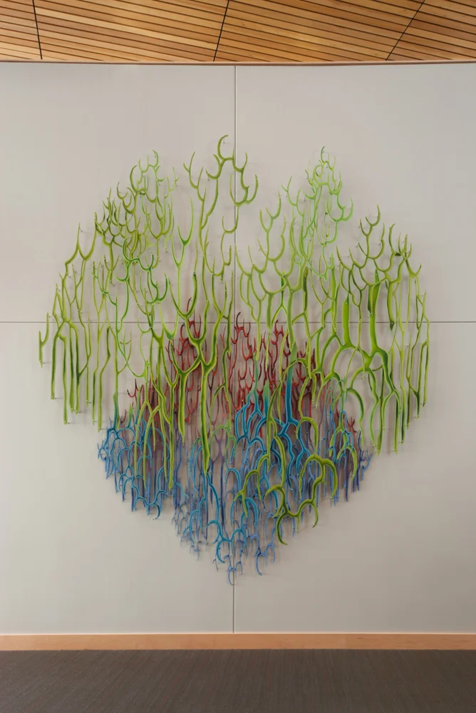 Life Sign An emblem symbolizing the connection between microcosm and macrocosm, the interior of the body and the environment surrounding. Allied Health Building, Lake Washington Institute of Technology, Kirkland, WA acrylic on aluminum 14 x 13 feet x 3 inches 2011 photo credit: Lara Swimmer