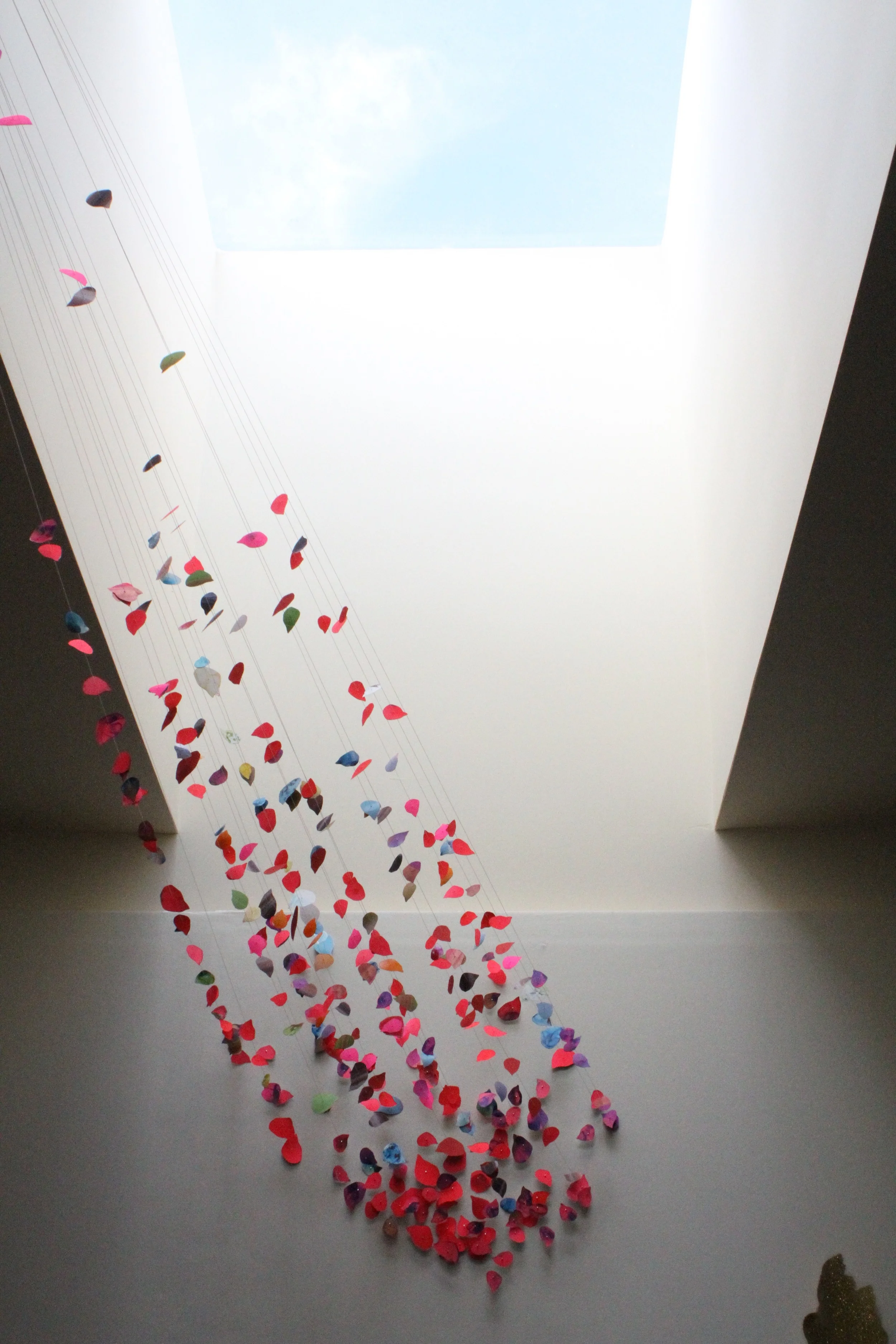 Prism 96" x 120" x 96" (dimensions variable) acrylic on paper and poly paper, string, pins, glitter on Duralar, feathers Project Diana, The Alice, Seattle, WA 2015