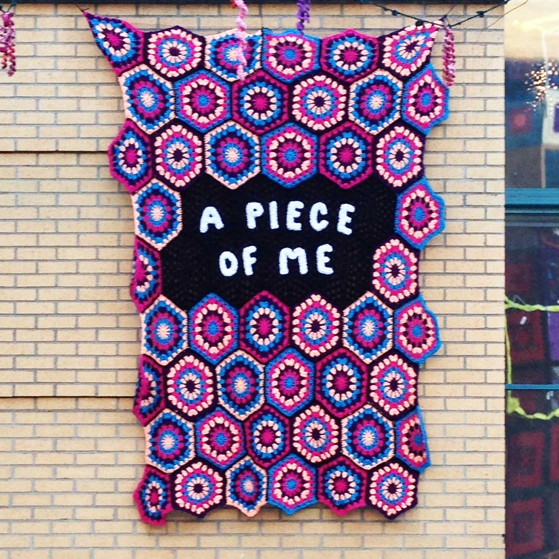 A Piece Of Me, 2017, 88" h x 16" w x 1/4" d, Namesake Installation in Dunning Courtyard in conjunction with New Threads: Perspectives in Contemporary Fiber Art at Laband Art Gallery, Los Angeles, CA. A Piece Of Me - Art is a piece of someone's heart and soul. A self-expression left behind. What impact will you have on the world? What will you leave behind?