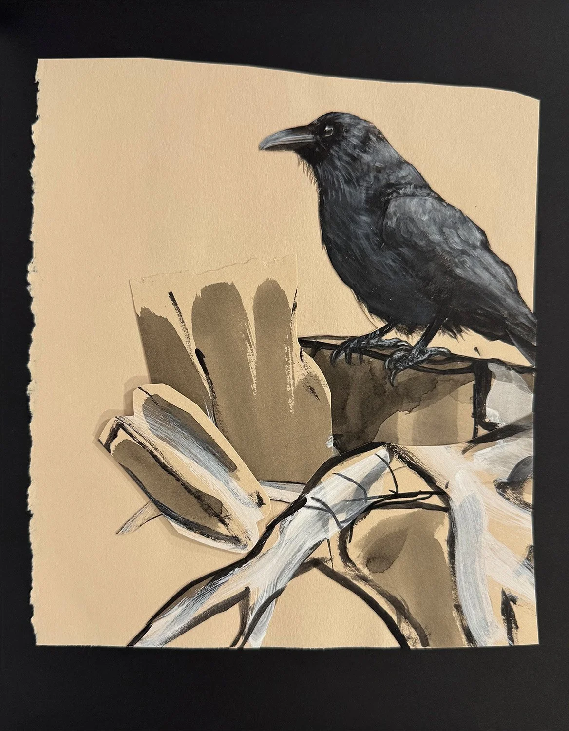 CROW WITH LEAVES_Acrylic and ink on paper collage_11_ x 8.5_ unframed (2026).jpg