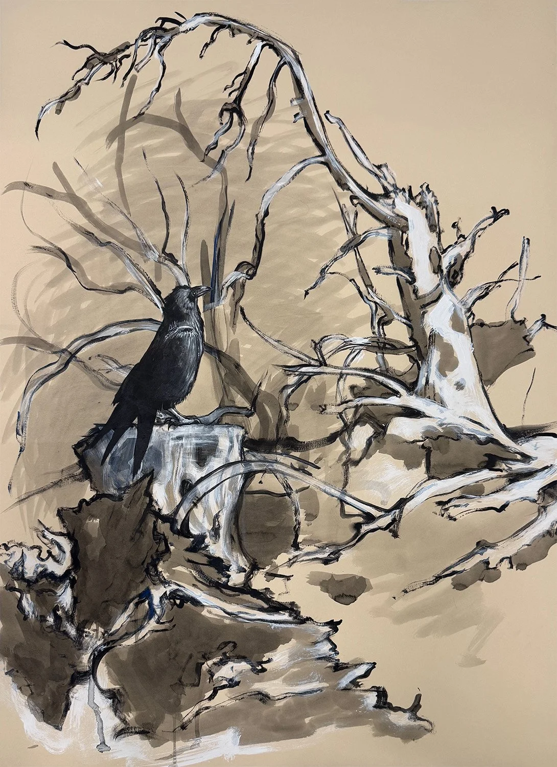 CROW WITH TREE STUMPS_Ink & Acrylic on paper_30_ x 22_ (2025) .jpg