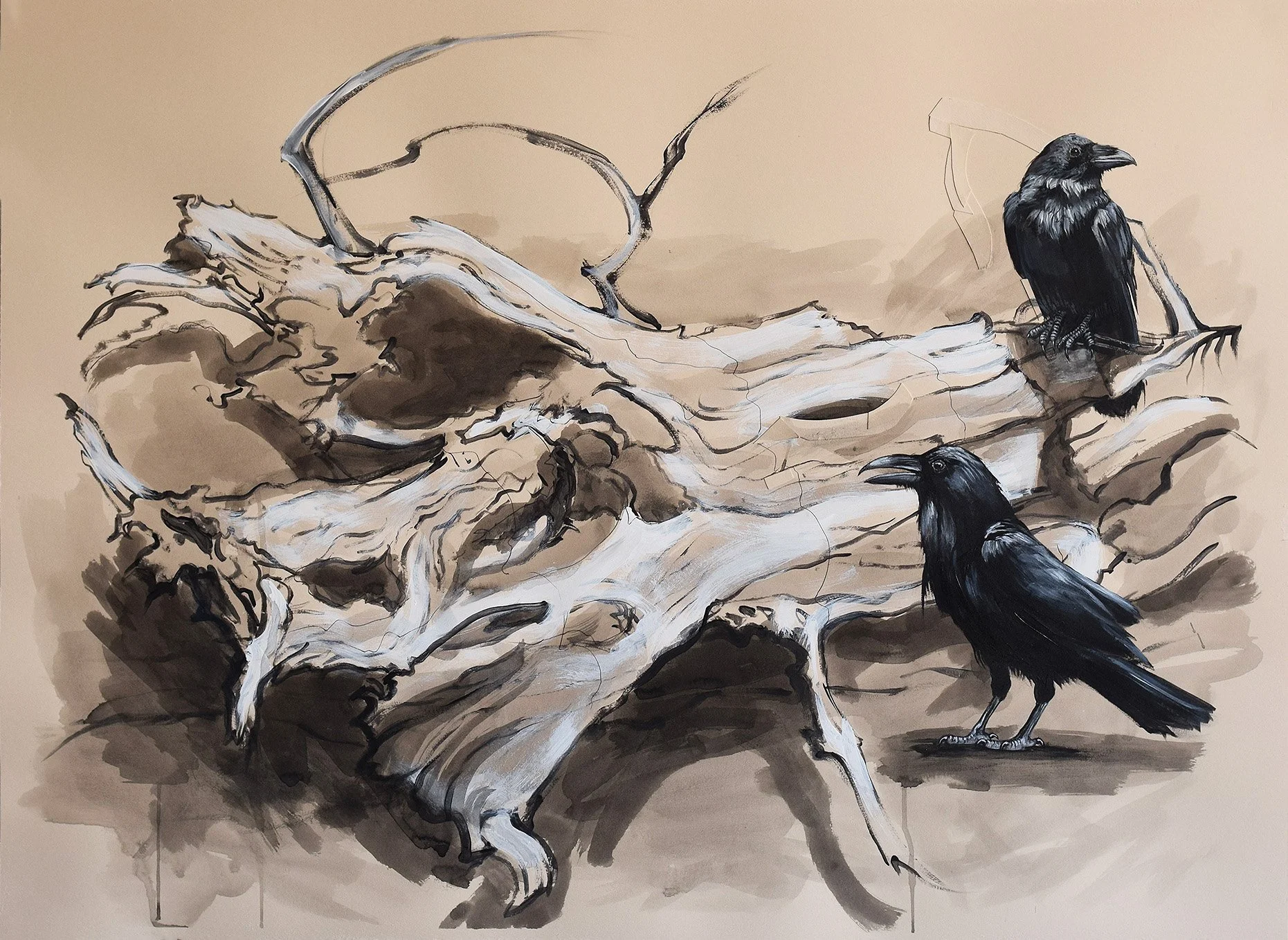 DEAD TREE WITH RAVEN AND CROW_Ink & acrylic on paper_22_ x 30_ (2025).jpg