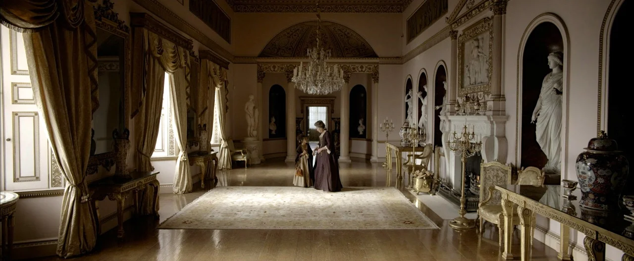 Dressed location for the hall at Kenwood House; pelmets made, curtains made, chandelier hung, statues added, fully dressed.