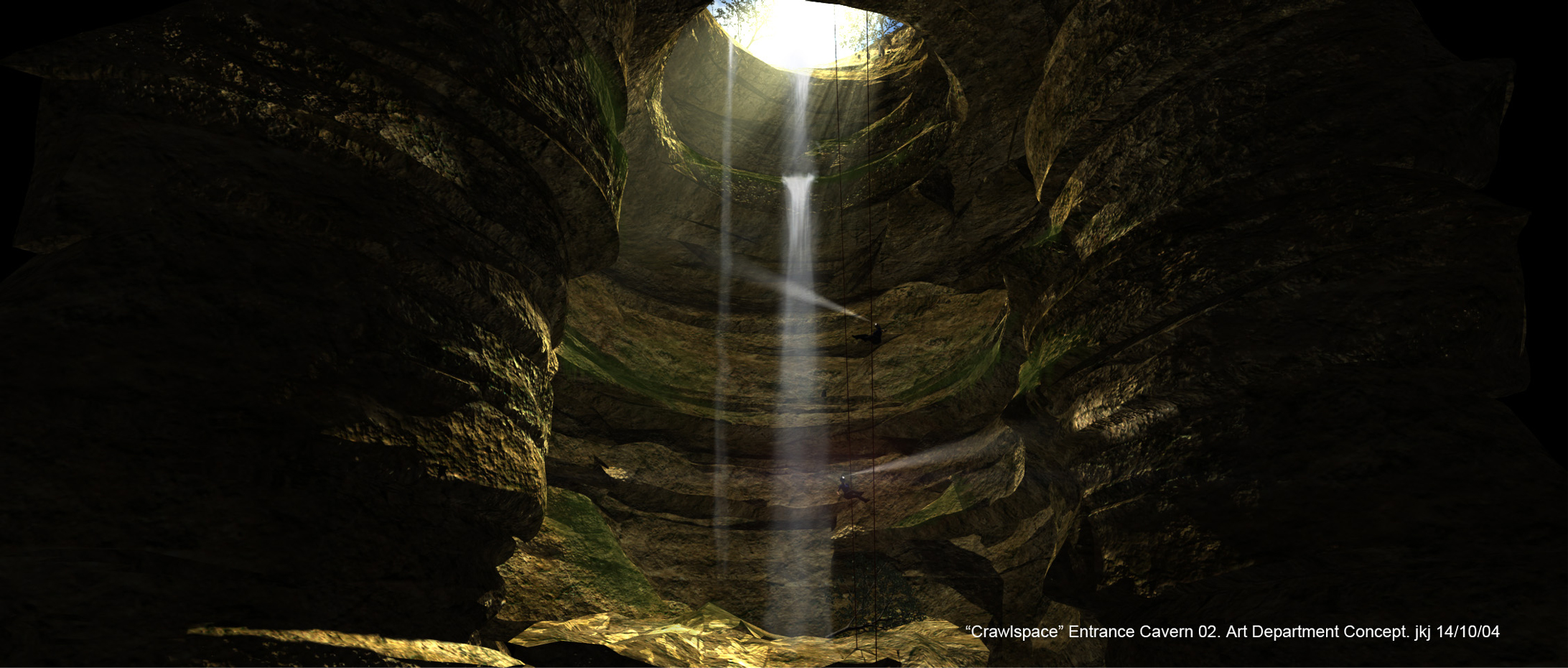 Computer generated visual of the Entrance Chamber showing tiny characters abseiling down into the huge cave mouth.