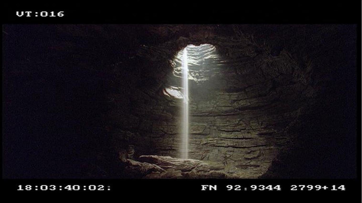 Screen shot of Cave Entrance model which stood 12 foot high with a waterfall created by pouring a mixture of salt and talcum powder from above the set.