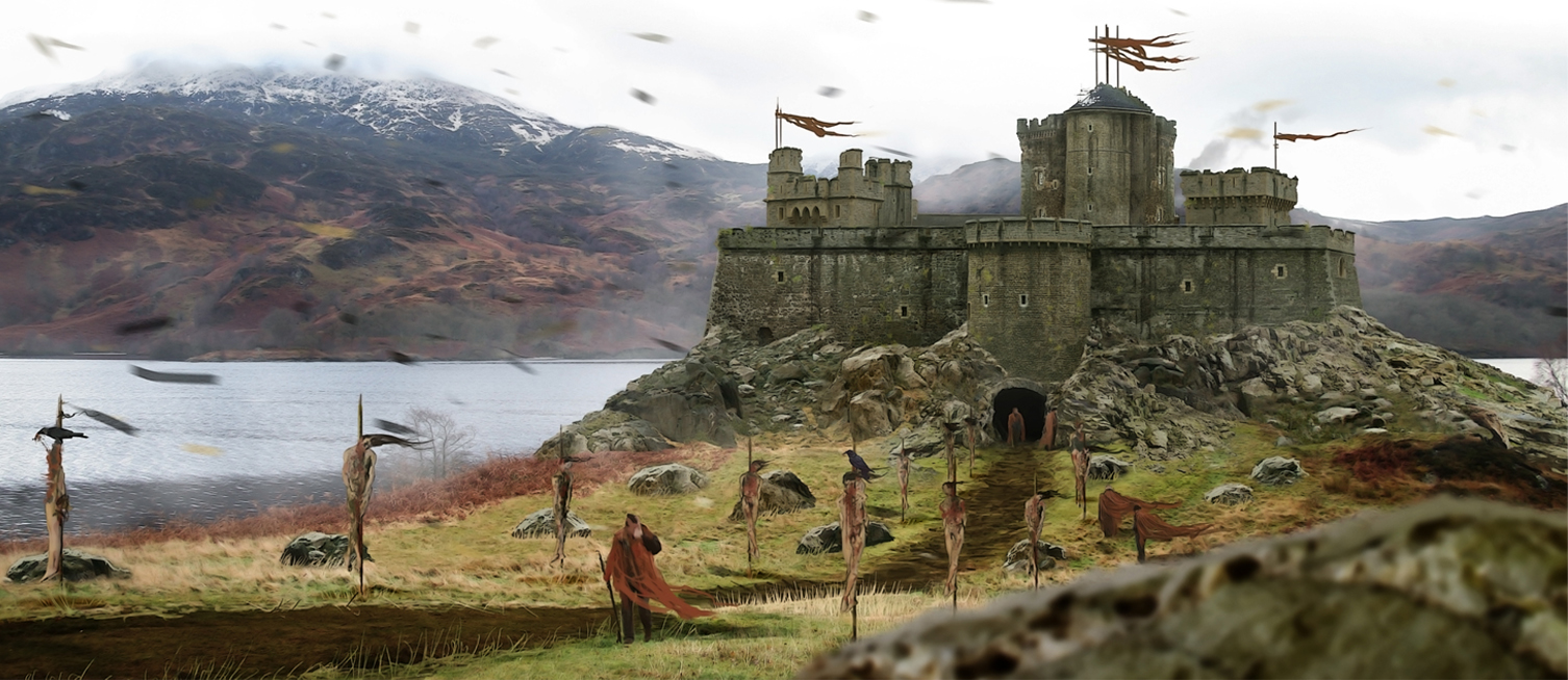 Concept visual of the castle dropped into a Scottish loch location.