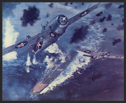 In this print two F4Fs from the Yorktown 's VF-42 rise up out of the flak from the damaged but fighting Japanese carrier Shokaku during the Battle of the Coral Sea. The F4Fs protected the Dauntless dive bombers who planted 3 bombs into the Shokaku , which resulted in it missing the Battle of Midway a mere month later.