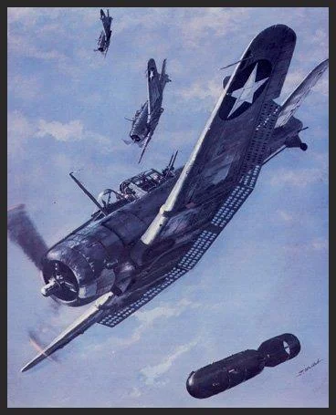This print shows elements of Lieutenant Commander Clarence W. McClusky's eighteen SBD dive bombers from the USS Enterprise as they plunge from 17,000 feet to pulverize the Japanese carrier Soryu during the Battle of Midway on June 4, 1942. Despite attacks by a variety of U.S. aircraft, only the Dauntlesses were able to score any hits. The victory at Midway turned the tide of the war in the Pacific. 