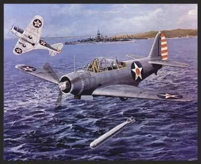 In this print, TBD Devastators of USS Yorktown's VT-5 engage Japanese ships in the Battle of Tulagi, a minor prelude to the Battle of the Coral Sea in May of 1942. In two separate attacks the TBDs launched a total of 22 torpedoes in Tulagi harbor, but their only success was the sinking of the minesweeper Tama Maru . This was probably due to the poor quality of the aerial torpedoes, and the inexperience of the American flight crews. 