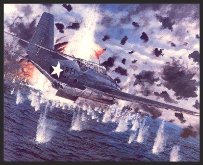The Avenger was first used in combat in June of 1942 at the Battle of Midway. Only six examples were available at that time, and they arrived too late to be put aboard the U.S. carriers enroute to the battle. These six were deployed from the airbase on Midway Island, and the pilots of Torpedo Squadron 8 were the first to sight and attack the Japanese fleet. The heroism of VT-8 is reflected here as we see Lieutenant A.K. Bert Earnest piloting Avenger 8-T-1 through withering fire as he hurtles toward his target, the Japanese carrier Akagi on June 4, 1942. All of the other Avengers were lost, with 8-T-1 being the sole survivor of the group. This plane was badly shot up with the radio operator dead and the bombardier wounded, barely making it back to base.