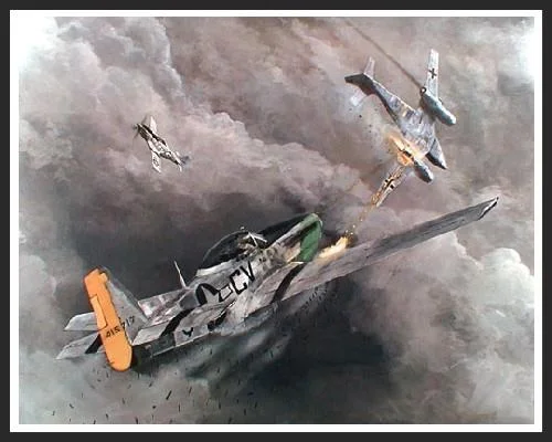 During a bomber escort mission Major Nevin Cranfill (of the 359th Fighter Group) damaged one German ME-262 jet fighter that was pursuing a P-51. He then closed on another ME-262 and commenced firing from 800 yards, downing the German jet.