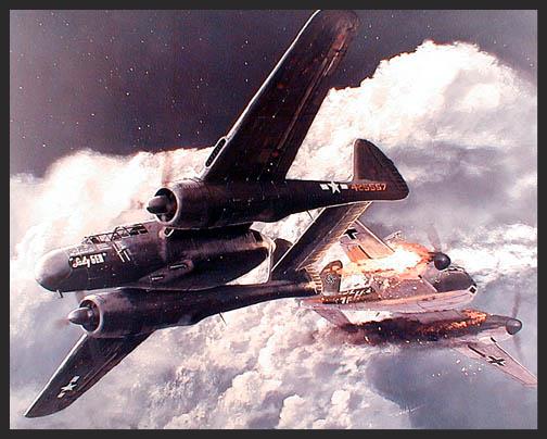 A P-61 Black Widow (of the 422nd Night Fighter Squadron) named the "Lady Gen" makes a kill of a German ME-410 in the nightime skies over Belgium in 1944. This crew went on to become one of three ace crews in the 422nd, and the Black Widow went on to become America's premier night fighter of WWII.